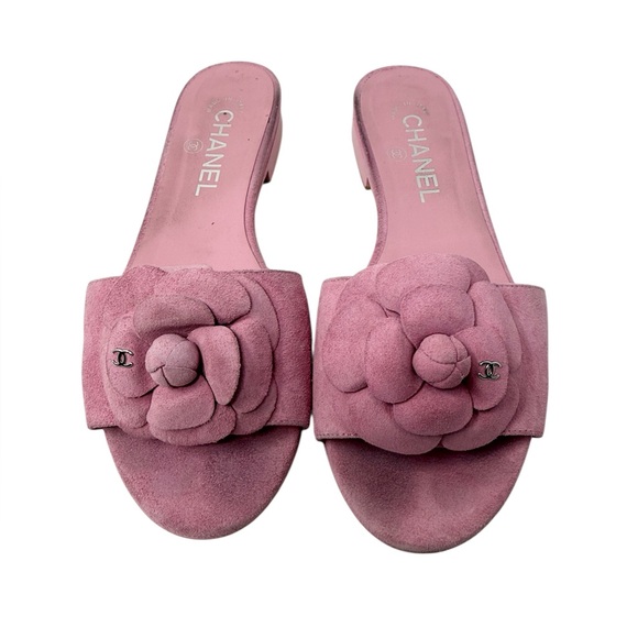 Chanel Camellia Suede Calfskin CC Flower Pink Slide Sandals Size 37 - Picture 6 of 11
